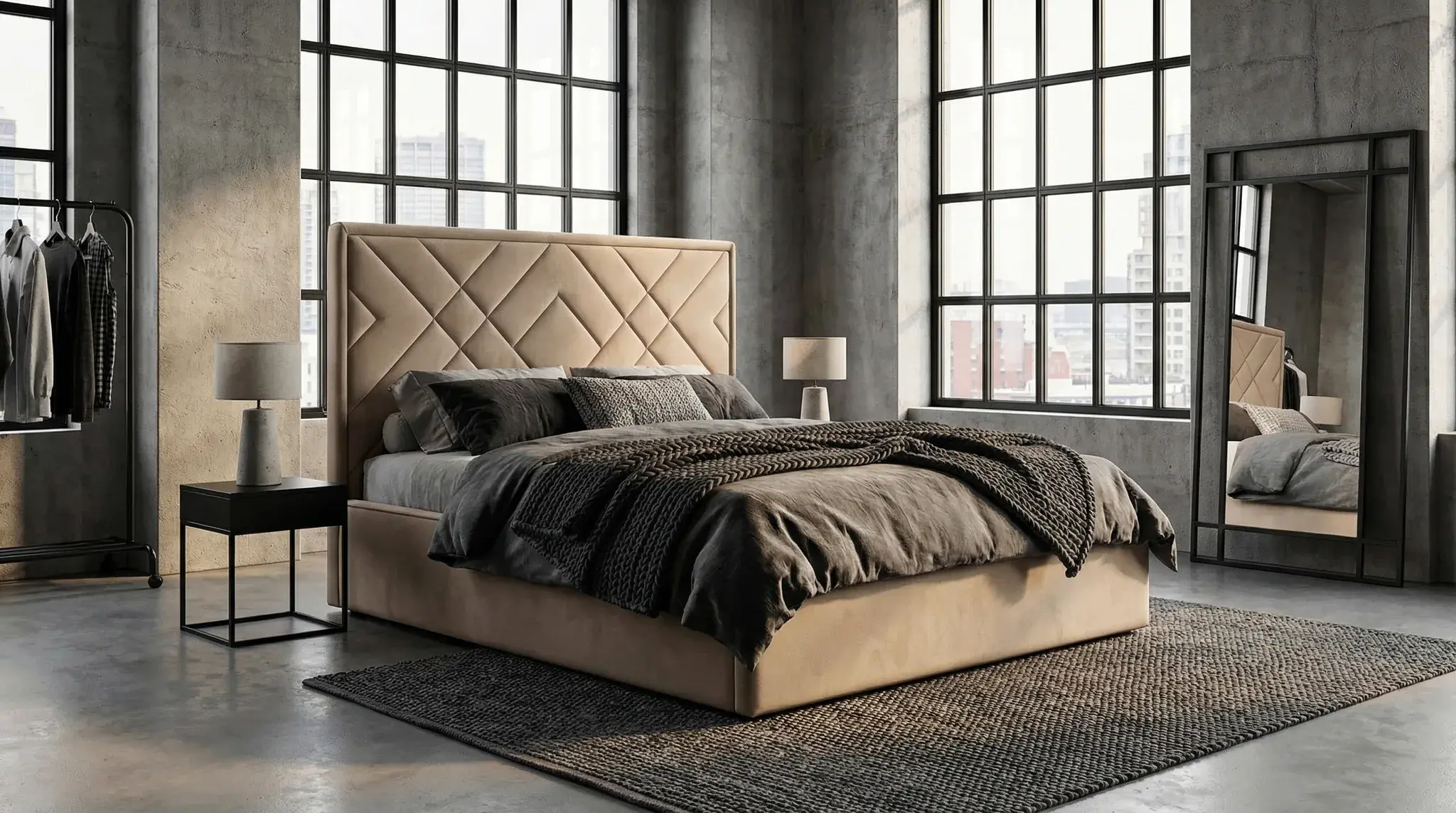 Łóżko tapicerowane CLEO II – geometryczne przeszycia, skrzynia premium z pojemnikiem – lozka-tapicerowane