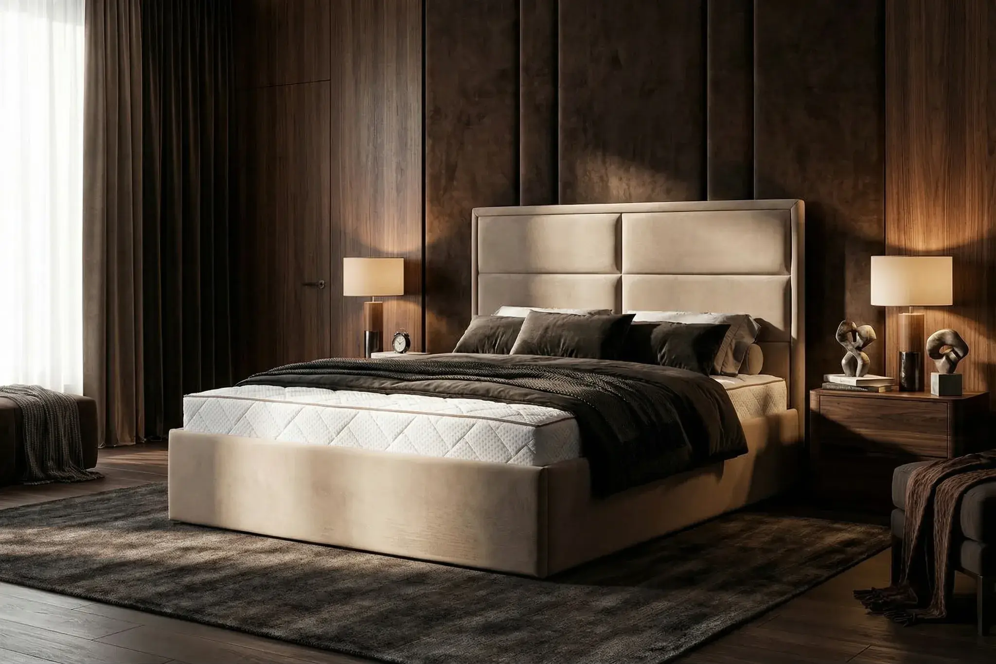 Łóżko tapicerowane CROCO – poziome panele, skrzynia standard z pojemnikiem – lozka-tapicerowane