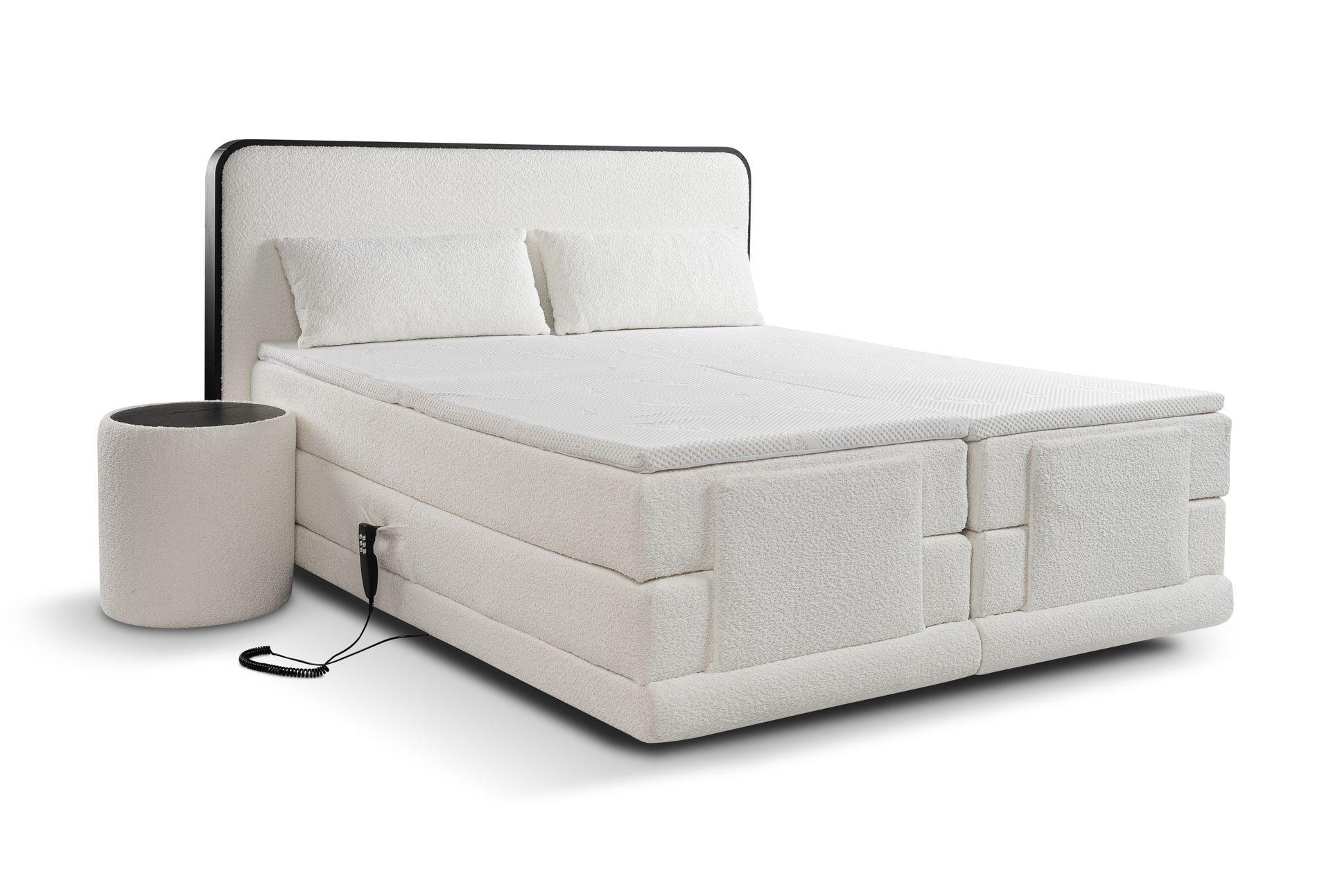 Łóżko elektryczne MARBELLA – zaokrąglone wezgłowie z naturalnego drewna w kolorze venge – lozka-boxspring-elektryczne