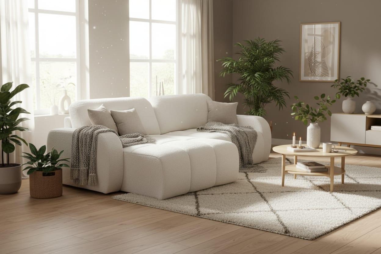 Narożnik IBIZA — bouclé, szeroka leżanka, pojemnik – narozniki