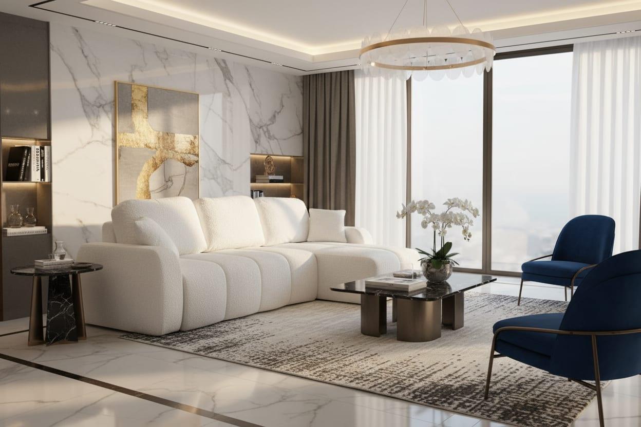 Narożnik IBIZA — bouclé, smukła otomana, pojemnik – narozniki