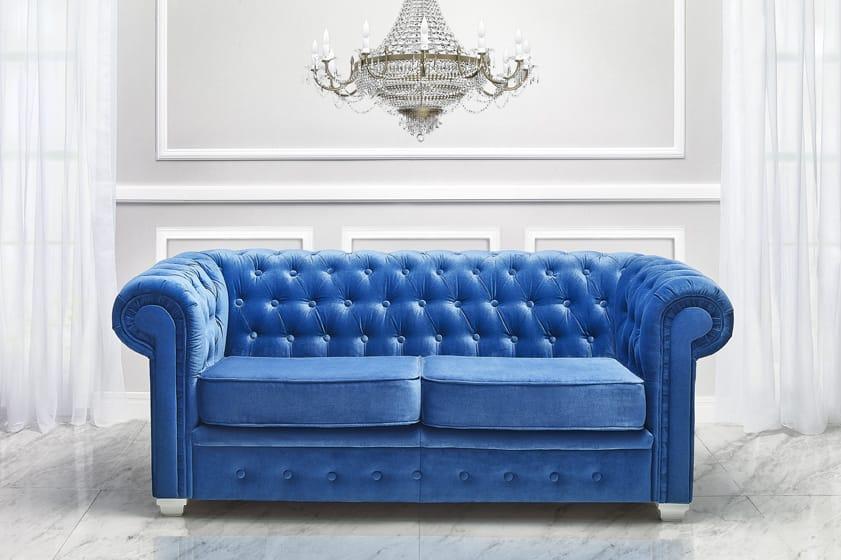 Sofa Chesterfield 2-osobowa — welur, pikowane oparcie, styl glamour – sofy