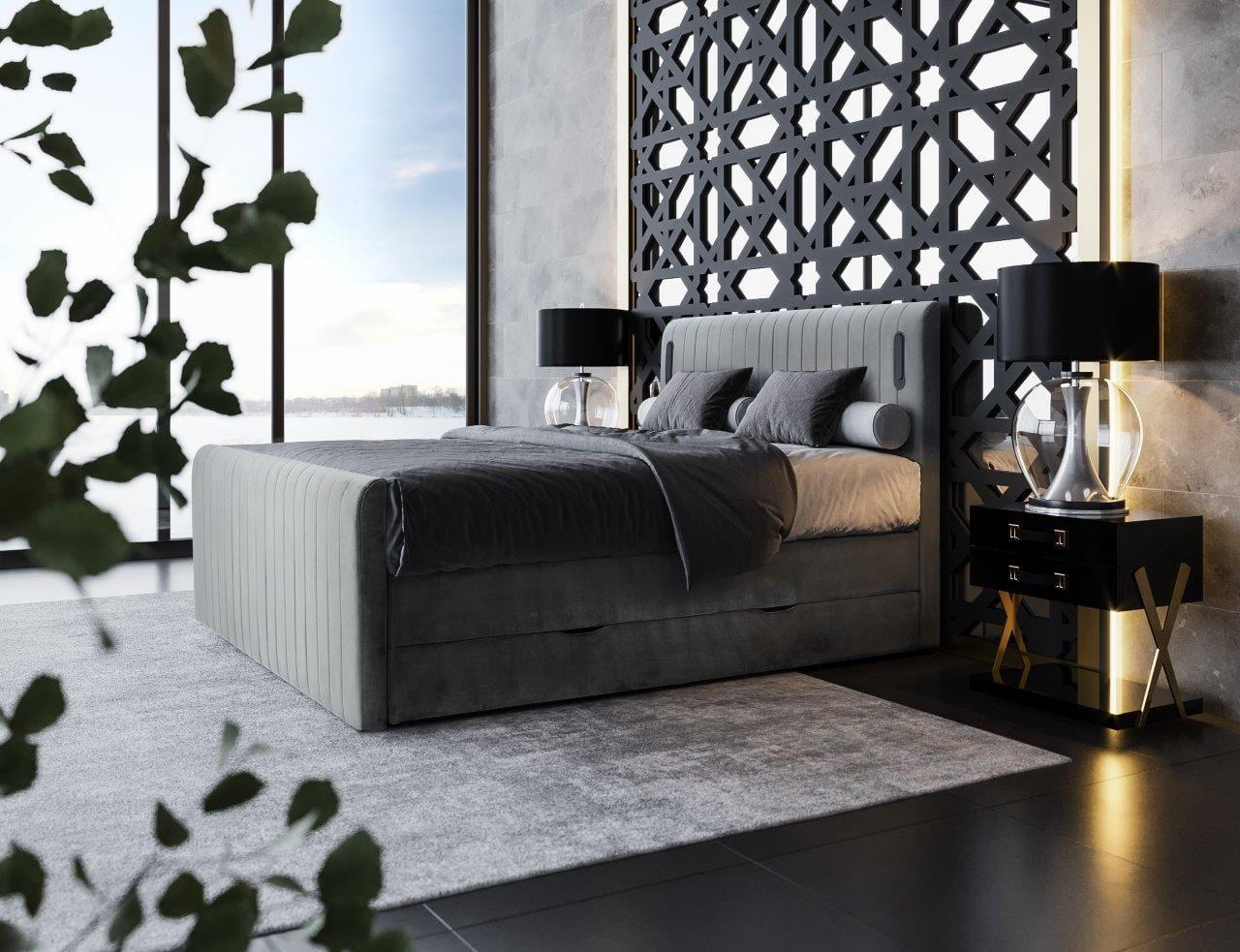 Łóżko boxspring FLY – LED w wezgłowiu, welur Riviera – Fly