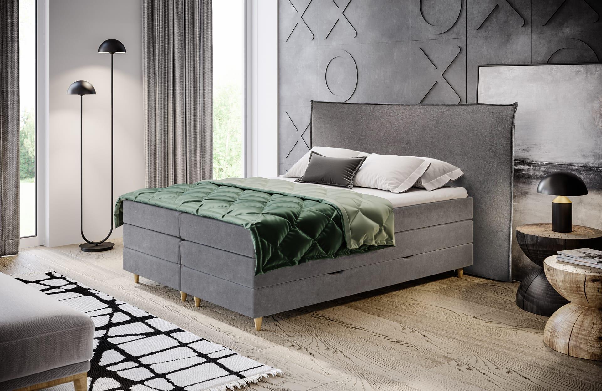 Łóżko boxspring LEO – proste tapicerowane wezgłowie z pojemnikiem – Leo