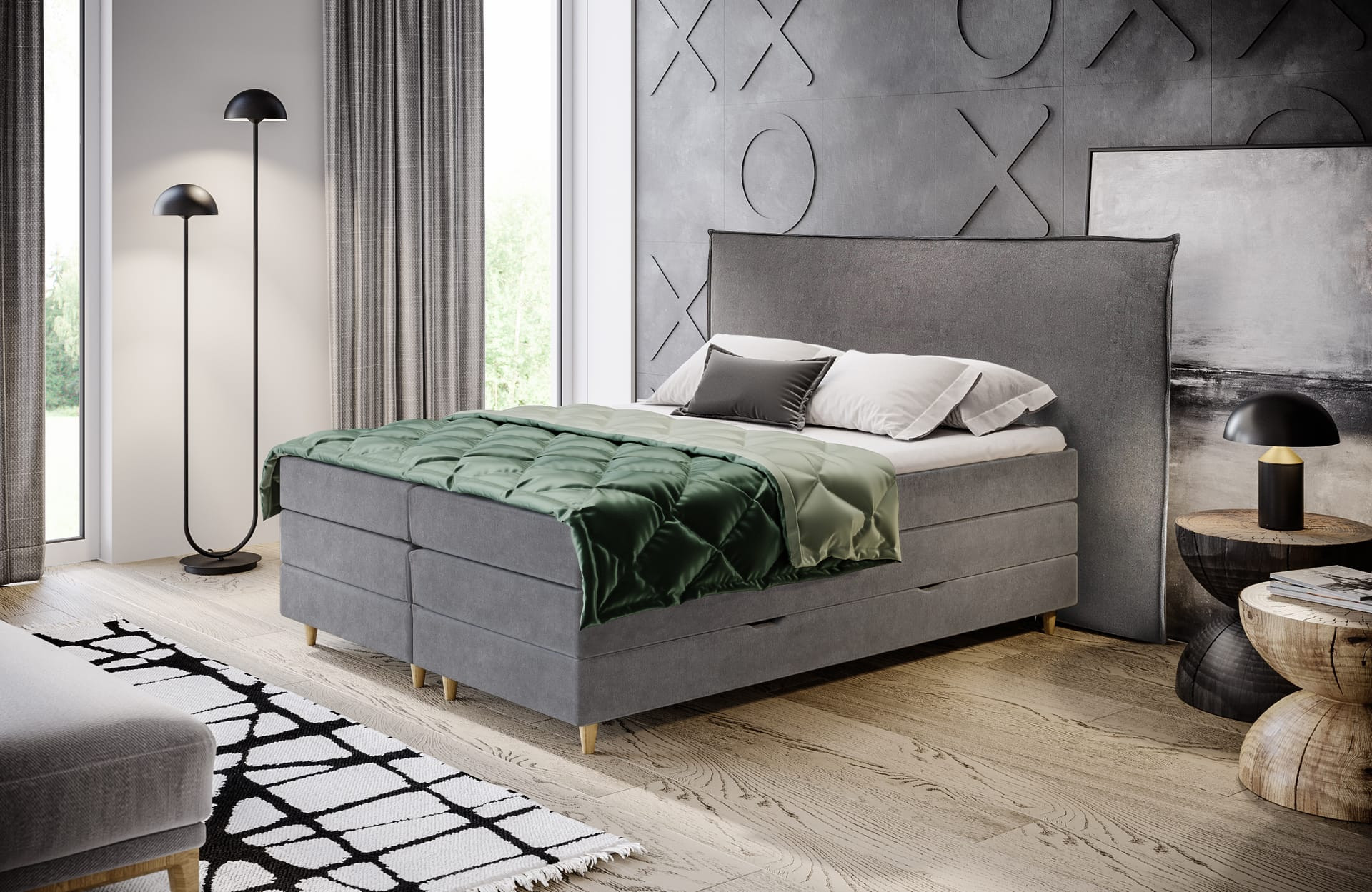 Łóżko boxspring LEO – proste tapicerowane wezgłowie z pojemnikiem - zdjęcie 1
