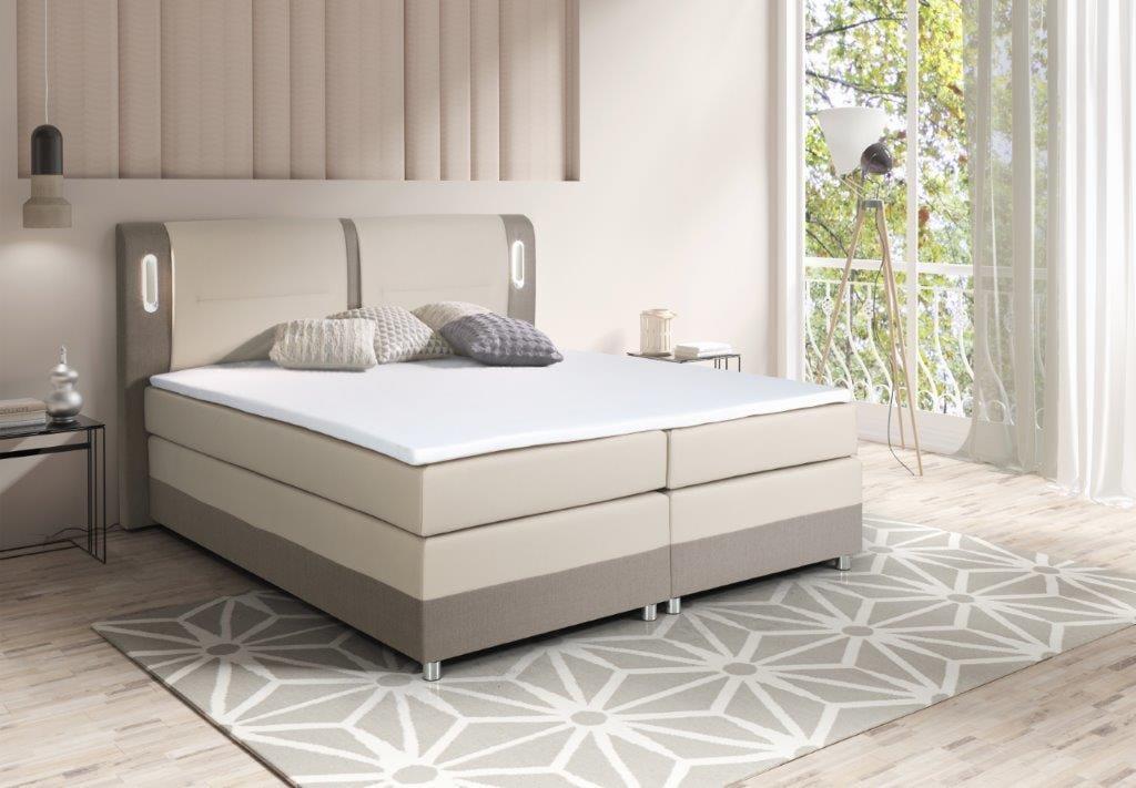 Łóżko boxspring RIMINI – z oświetleniem LED, materac i topper w zestawie – lozka-boxspring