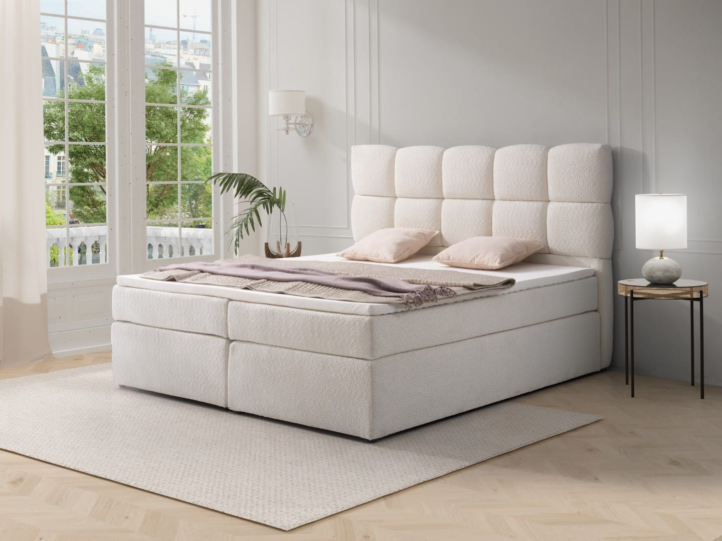 Łóżko tapicerowane BOXSPRING - QUBE II - pikowane wezgłowie Bouclé - zdjęcie 1