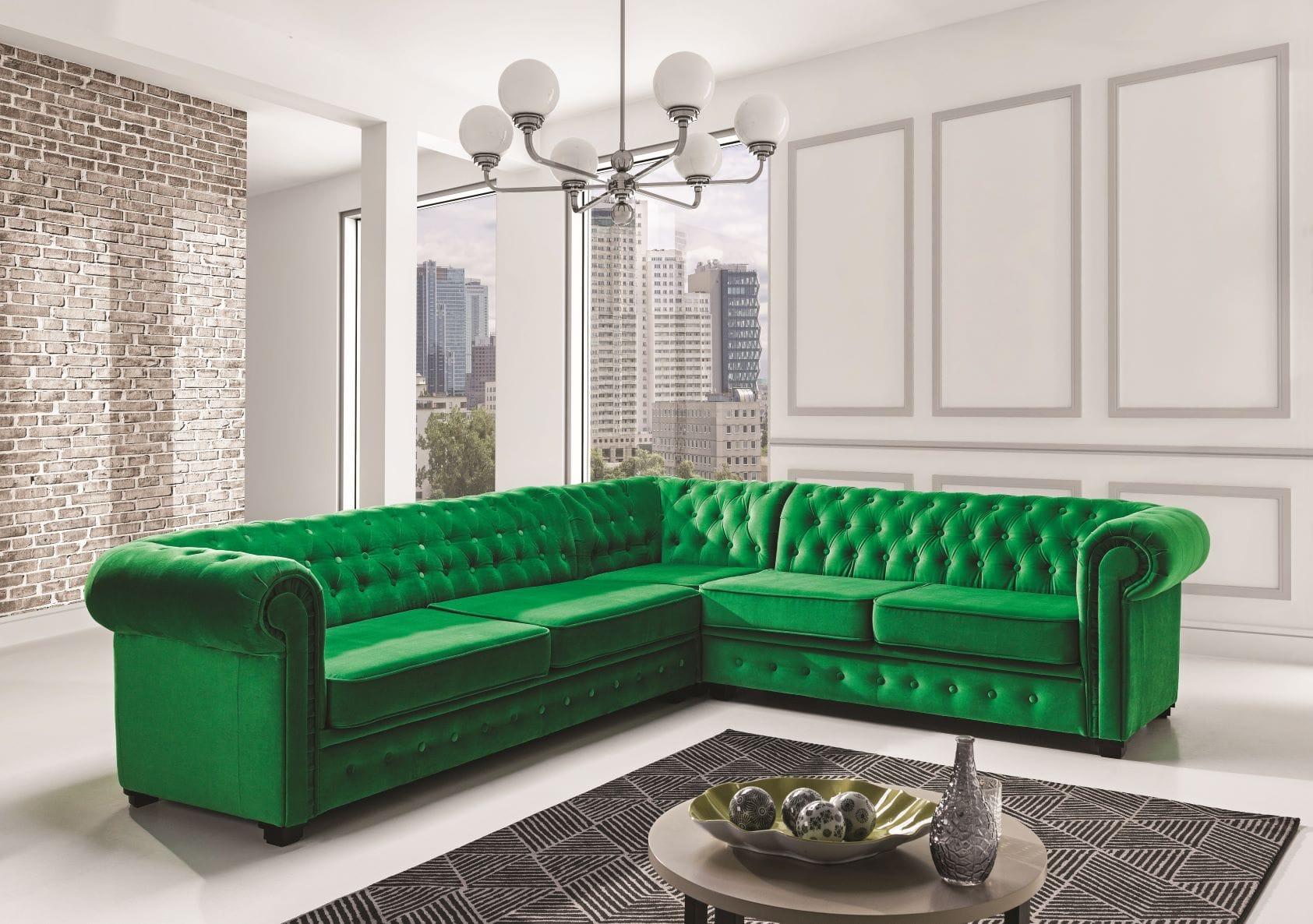 Narożnik CHESTERFIELD — welur, pikowanie capitonne, glamour – narozniki