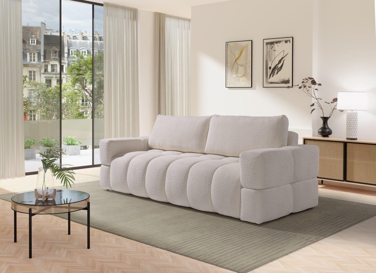 Sofa ISSORO – Bouclé, funkcja spania, pojemnik na pościel, szerokość 252 cm – sofy