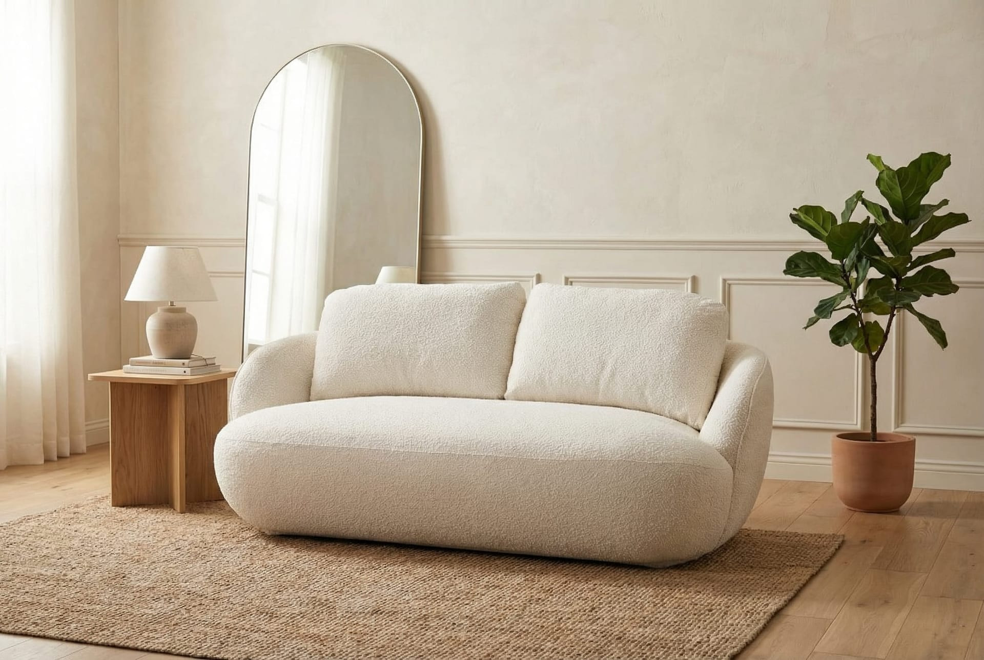 Sofa RONDO – organiczny kształt, Bouclé kremowy - zdjęcie 1